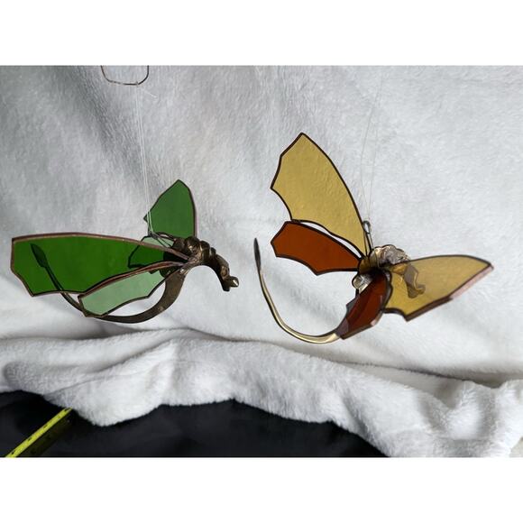 Pair Solid Brass Dragon Fire Stained Colored Glass Red Green Sun catchers 8" - Picture 9 of 16